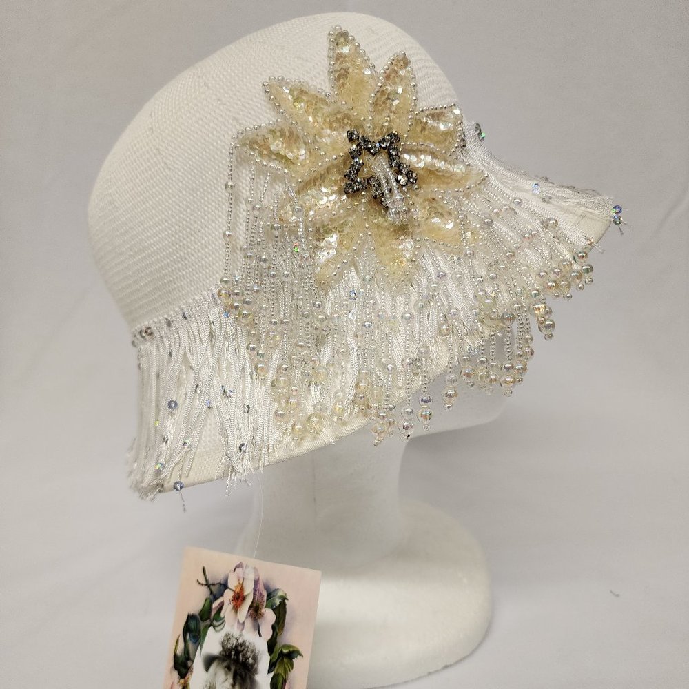 White Soft Cloche Hat  w/Beaded Flower